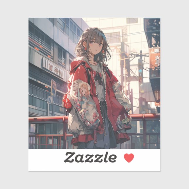 Pegatina 橋に佇む赤い服の娘シール Seal｜東京娘 GenerativeAI (Hoja)