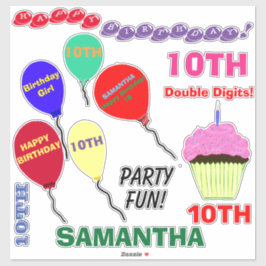 Pegatina 10.ª tarta Chica de cumpleaños Globos Vinyl