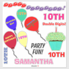 Pegatina 10.º Chica de cumpleaños Globos Cupcake Vinyl