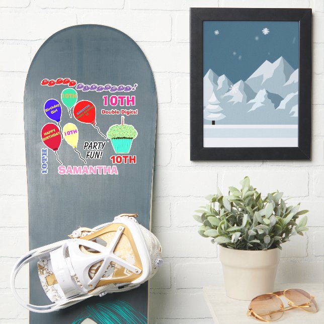 Pegatina 10.º Chica de cumpleaños Globos Cupcake Vinyl (snowboard)