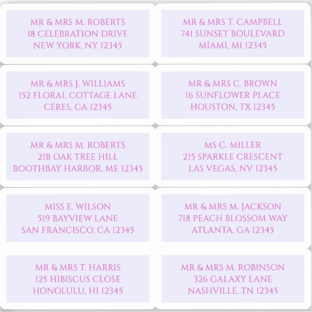 Pegatina 10 Nombre de invitado individual Dirección Lavanda (Anverso)