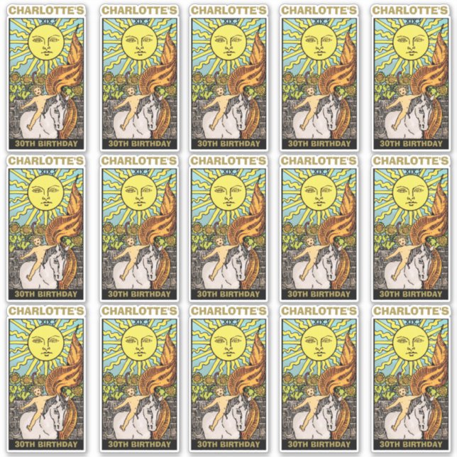 Pegatina 15 x 30 cumpleaños Sun Tarot Card Nombre y foto (Anverso)