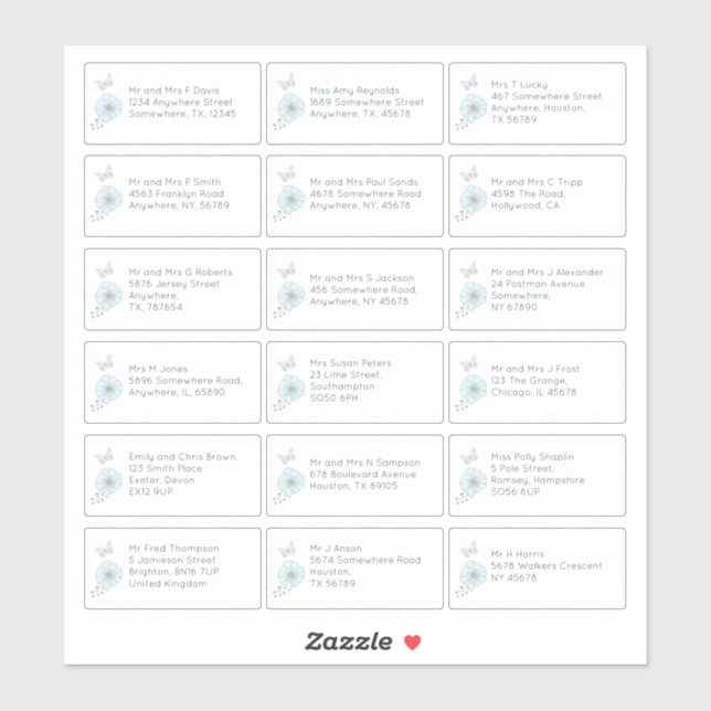 Pegatina 18 Nombre Individual Dirección Boda Floral Invitad (Hoja)