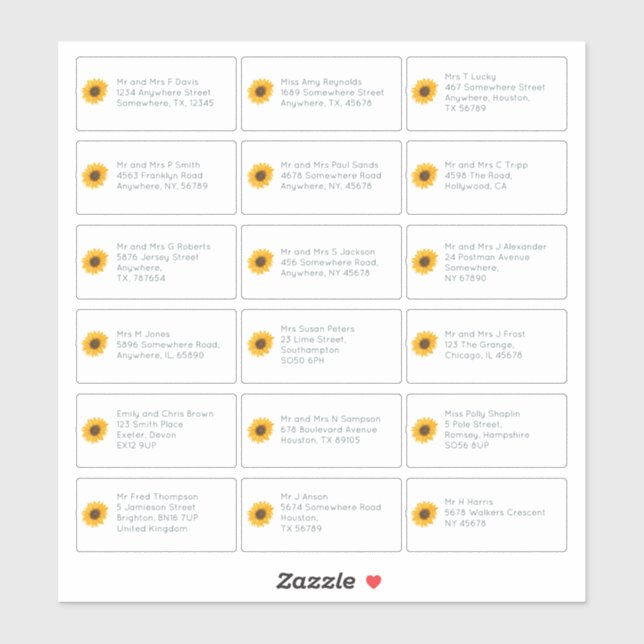 Pegatina 18 Nombre Individual Dirección Boda Girasol Invita (Hoja)