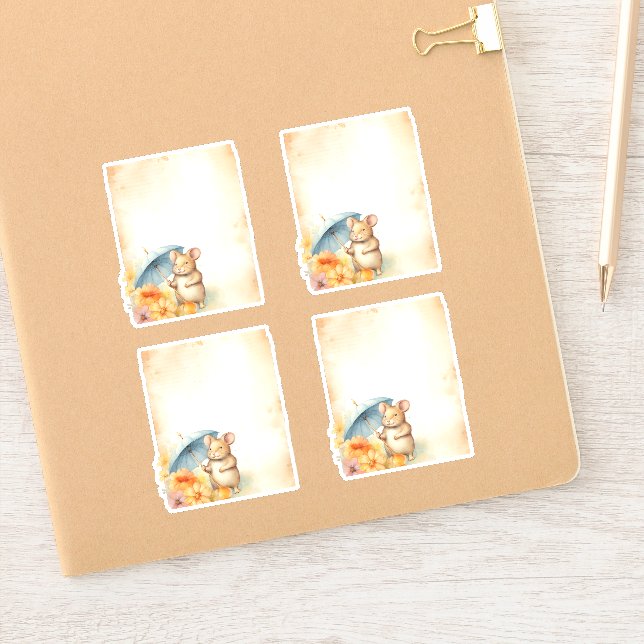 Pegatina 1 Ratón con paraguas azul flores naranjas rosas (Cuaderno)