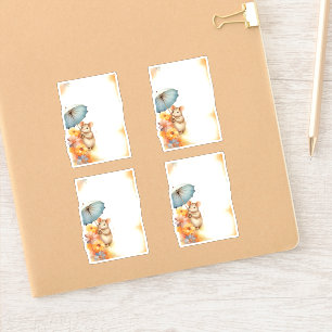 Pegatina 1 Ratón con paraguas azules naranja flores rosadas