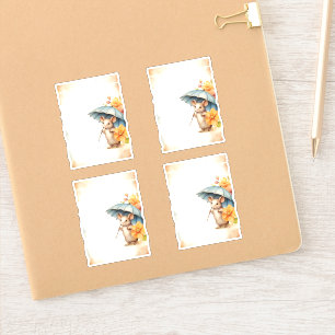 Pegatina 1 Ratón con paraguas azules naranja flores rosadas