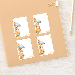 Pegatina 1 Ratón con paraguas azules naranja flores rosadas