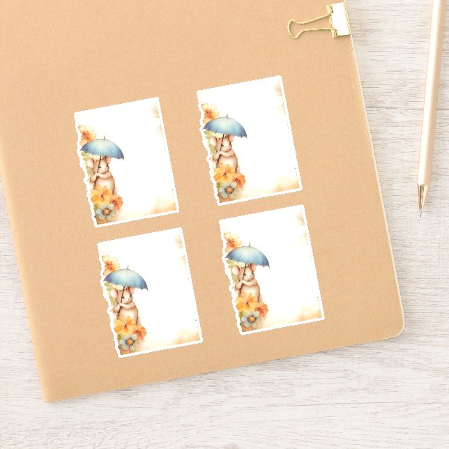 Pegatina 1 Ratón con paraguas azules naranja flores rosadas (Cuaderno)