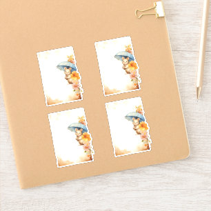 Pegatina 1 Ratón con paraguas azules naranja flores rosadas