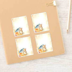 Pegatina 1 Ratón con paraguas azules naranja flores rosadas