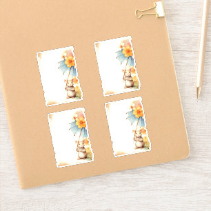 Pegatina 1 Ratón con paraguas azules naranja flores rosadas