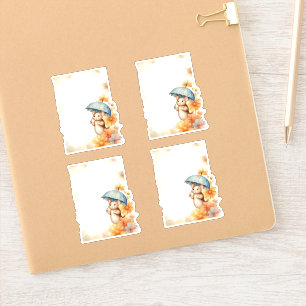 Pegatina 1 Ratón con paraguas azules naranja flores rosadas