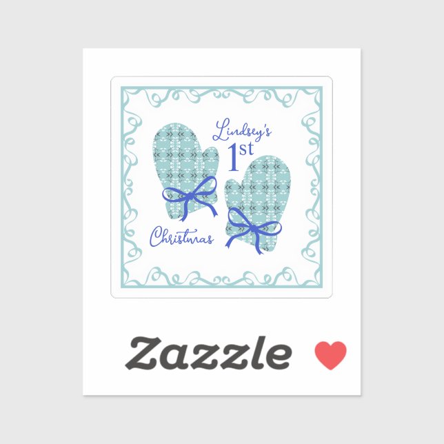 Pegatina 1st Christmas Mittens Blue Bow Holiday (Hoja)