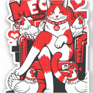 Pegatina 2026 Feliz Año MEOW Gato Rojo y Pollos Diversión