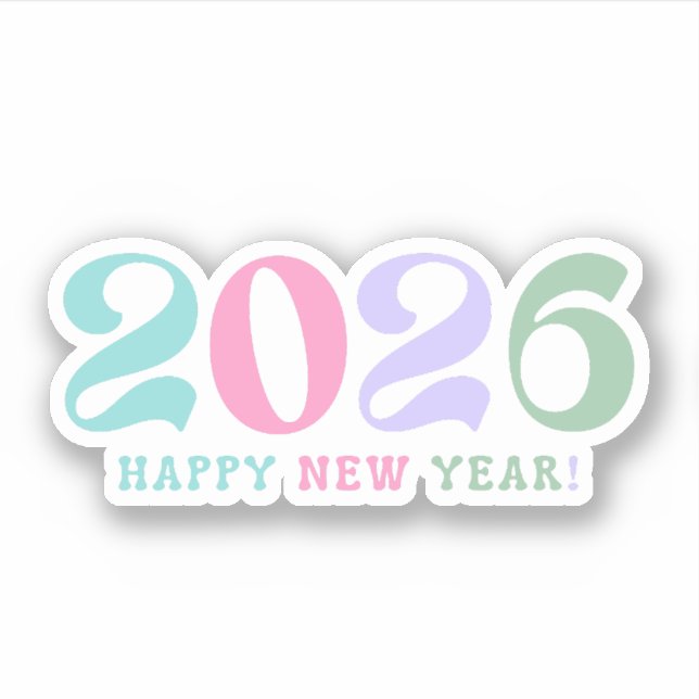 Pegatina 2026 happy new year, retro script pastel colorful (Anverso)