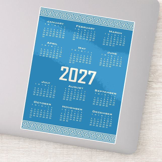 Pegatina 2027 Calendar, Greek Fret, Cosmic Latte on Blue (Detalle)