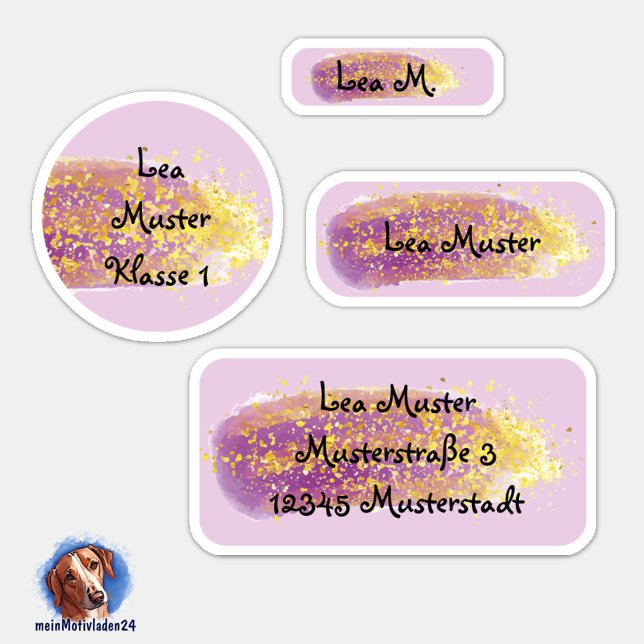 Pegatina 24 Namensaufkleber Pinselstrich Lila - Glitzer | (Namensaufkleber Set für Mädchen -  Pinselstrich Lila mit Gold Glitzer - 24 teilig, personalisierbar )