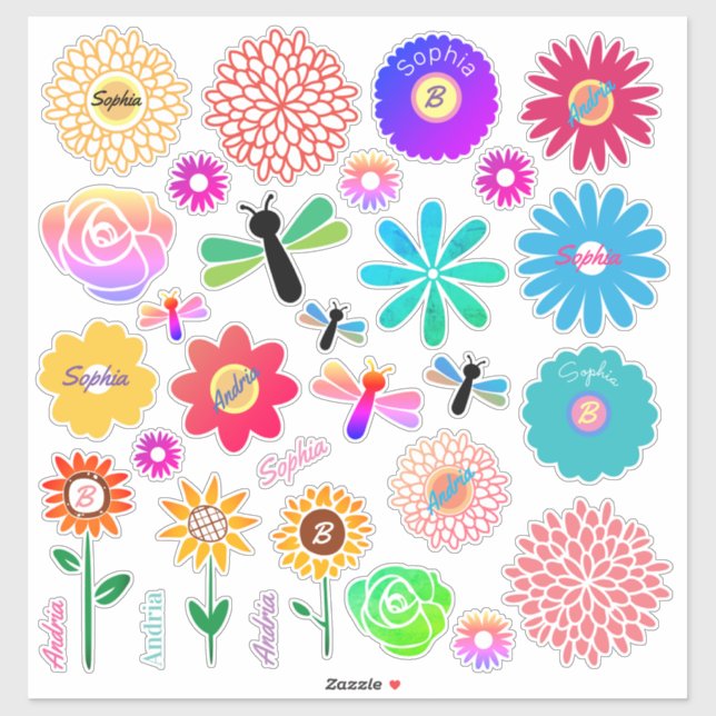 Pegatina 30 Flores, libélulas, nombres de bricolaje e inici (Hoja)