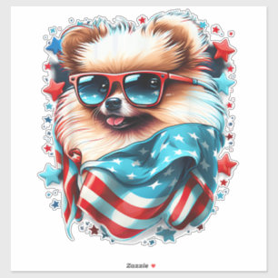 Pegatina 4 de julio Patriótico Pomerania Perro Bandera de E