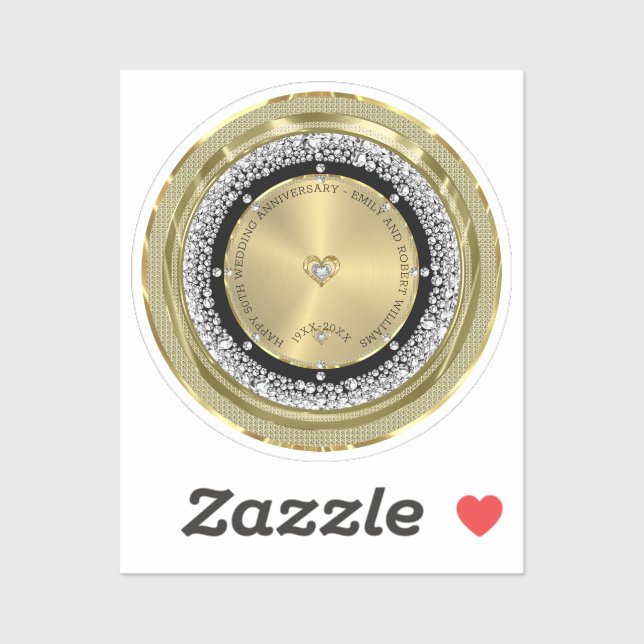 Pegatina 50.º aniversario del boda diamantes blancos y oro (Hoja)