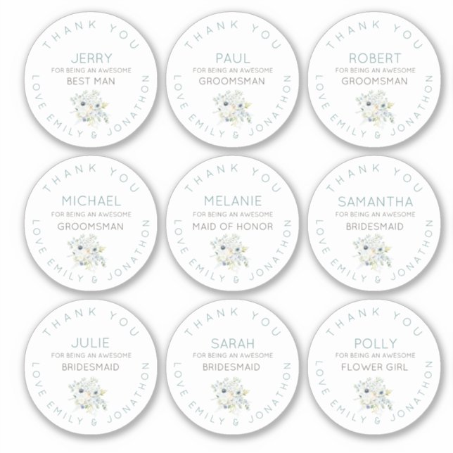 Pegatina 9 Nombre Individual Gracias Floral Bridal Pequeña (Anverso)