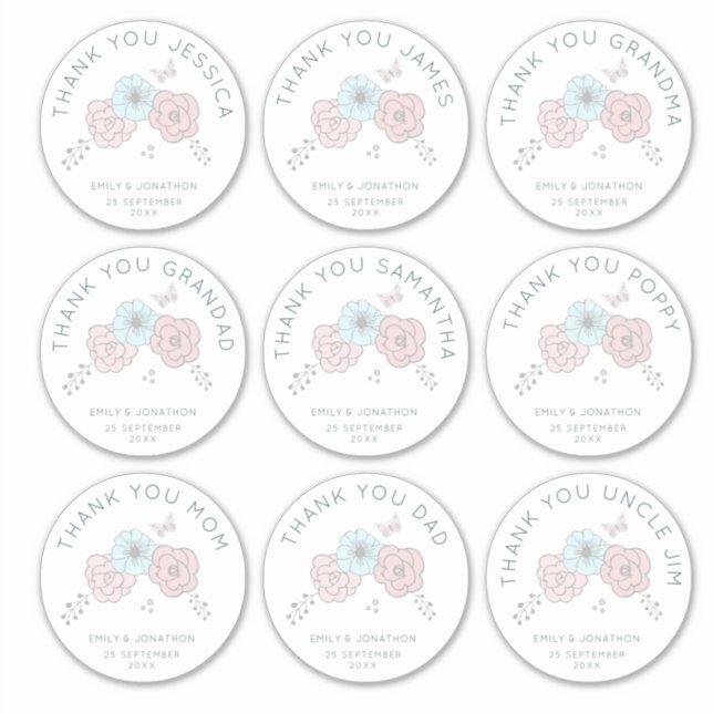 Pegatina 9 Nombre Individual Grande Gracias Boda De Flores (Anverso)