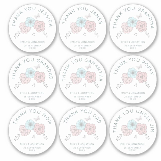 Pegatina 9 Nombre Individual Pequeño Gracias Boda De Flores (Anverso)