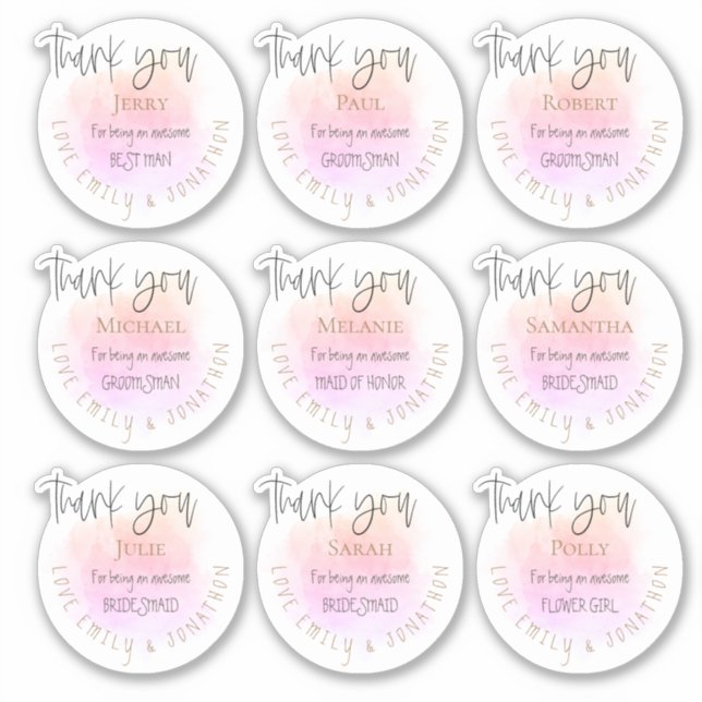 Pegatina 9 Nombres Gracias Mensaje Bridal Party Individual (Anverso)