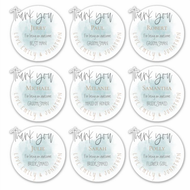 Pegatina 9 Nombres individuales Gracias Boda de mensajes Ve (Anverso)