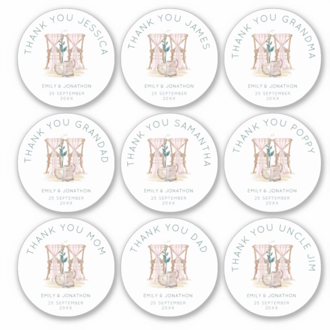 Pegatina 9 pequeños nombres individuales Gracias a los pres (Anverso)