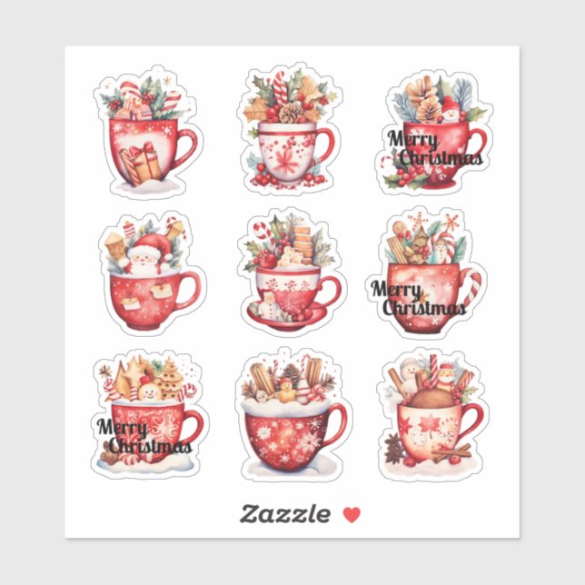Pegatina 9 Tazas de Navidad Vinilo Personalizado Cortado (Hoja)
