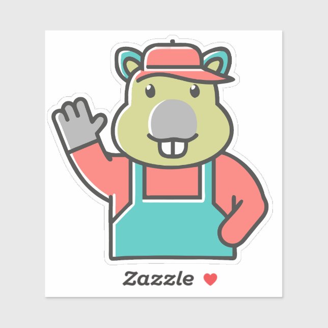 Pegatina A Cartoon Funny Red Beaver Waves Left Hand. (Hoja)