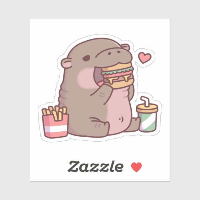 Pegatina A Cute Chubby Pygmy Hippo le encanta comer hamburg (Hoja)