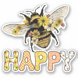 Pegatina Abeja linda feliz abeja de miel flores