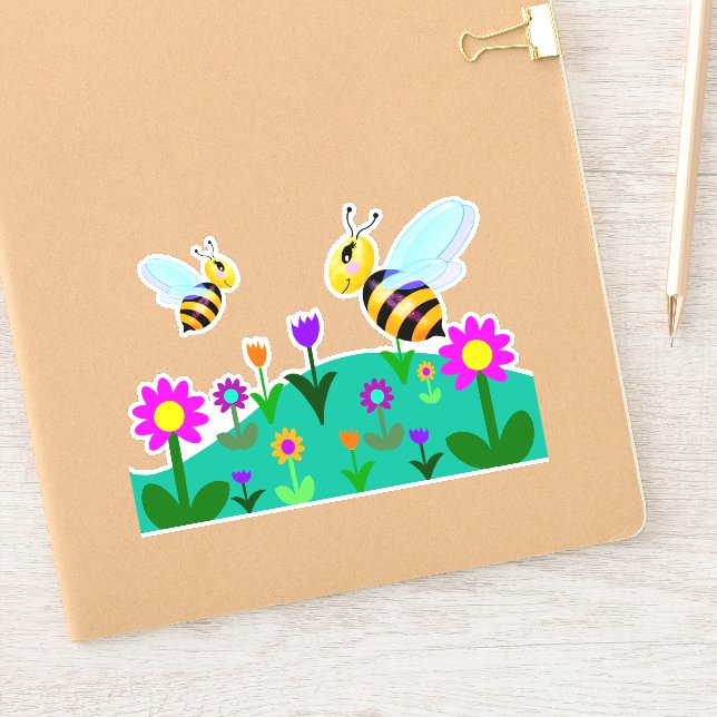 Pegatina Abejas felices en un campo de flores (Cuaderno)