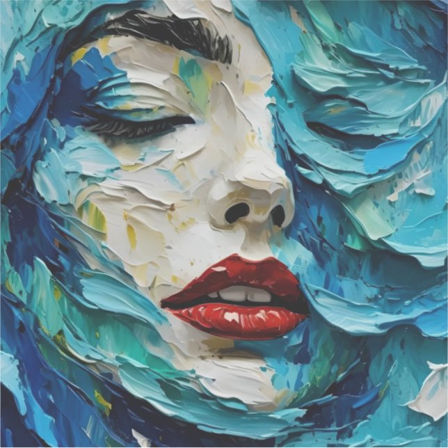 Pegatina Abstract art painting female face ocean waves (Anverso)