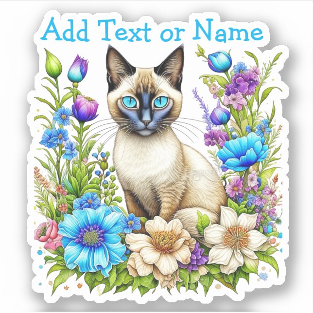 Pegatina Acuarela Ai personalizada gato siamés en flores (Anverso)