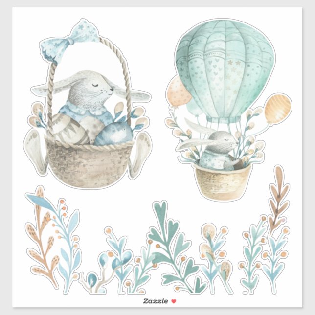 Pegatina Acuarela Cestas de conejitos de Pascua Blancas o T (Hoja)