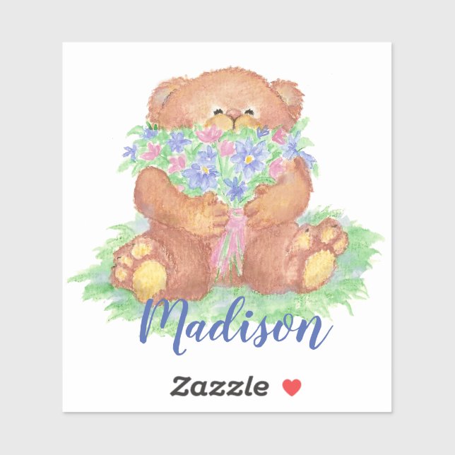 Pegatina Acuarela Cute Teddy Bear Flores arte Nombre person (Hoja)