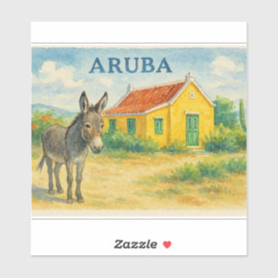 Pegatina Acuarela de Burro de Aruba y Casa Cunucu