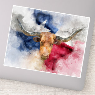 Pegatina Acuarela de Texas Longhorn con mapa artístico de b