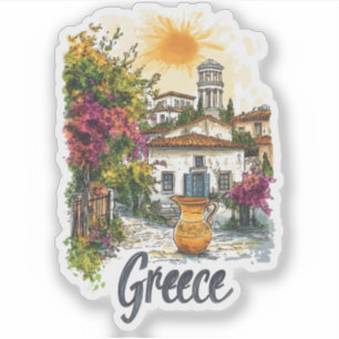 Pegatina Acuarela Grecia: Escena de pueblo con flores