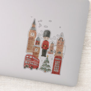 Pegatina Acuarela Navidad en Londres Autobús Rojo, Big Ben