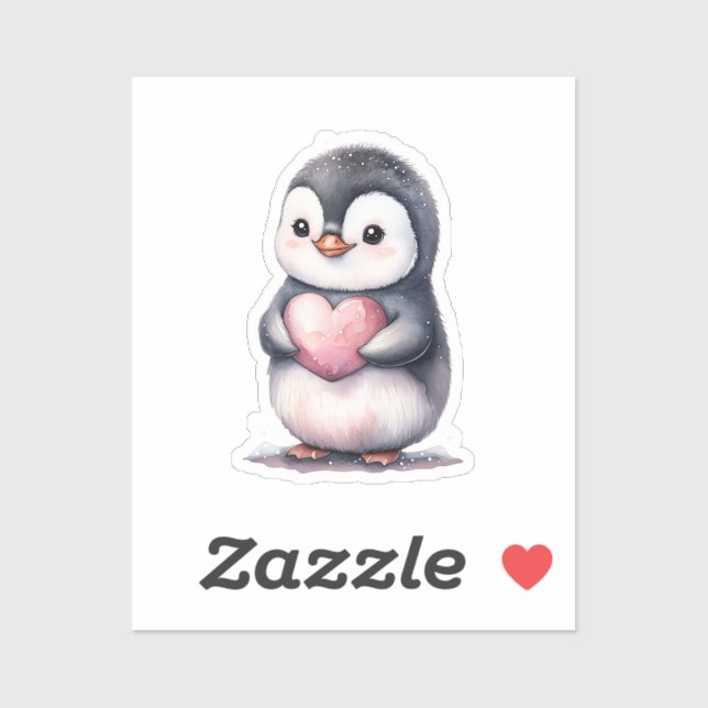Pegatina Acuarela Pingüino Cute corazón rosa (Hoja)