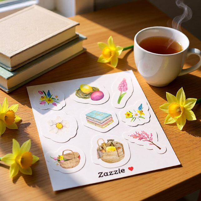 Pegatina Acuarela Primavera con conjunto de ramo de flores  (Watercolor Easter Spring Cottage Basket Floral Sticker)