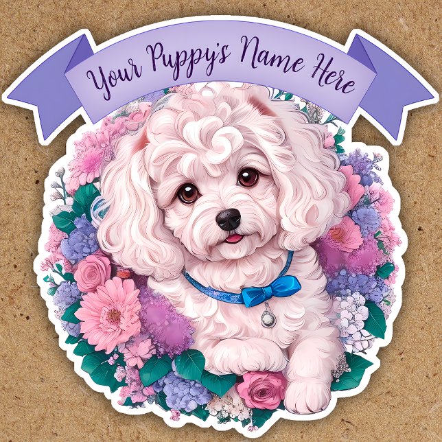 Pegatina Adorable Bichon Frisé, personalizado de flores var (Subido por el creador)