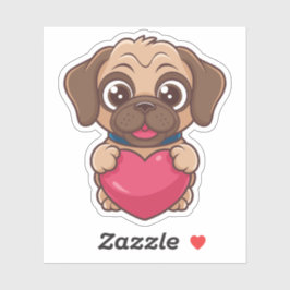 Pegatina Adorable Cartoon Pug Puppy with Pink Heart