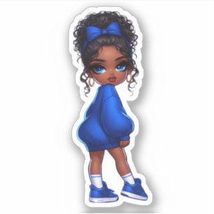 Pegatina adorable chica negro en azul