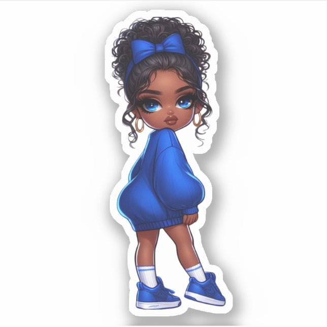 Pegatina adorable chica negro en azul (Anverso)